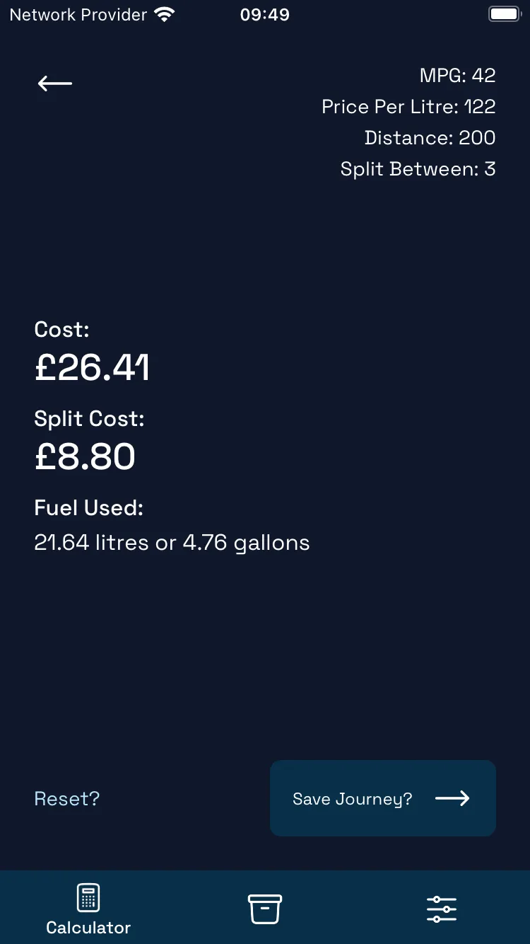 Screen showing the results of the calculation.