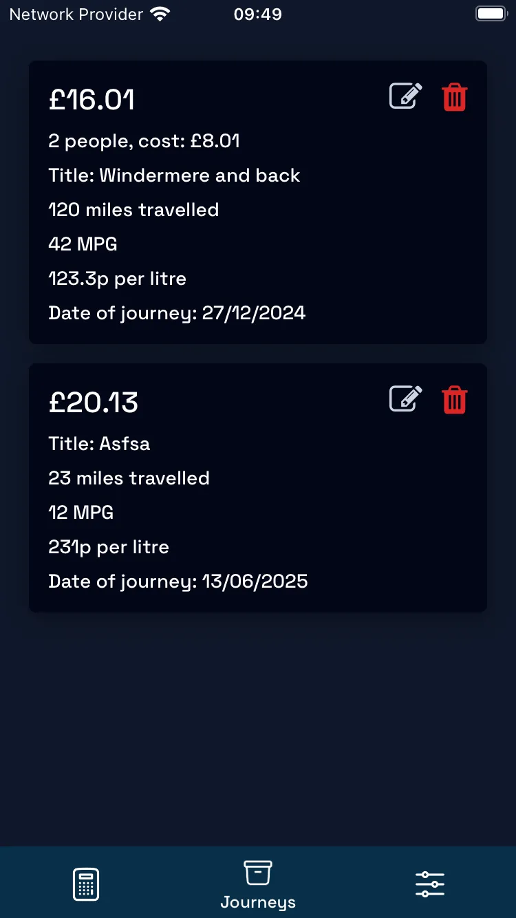 Screen showing the saved journeys.