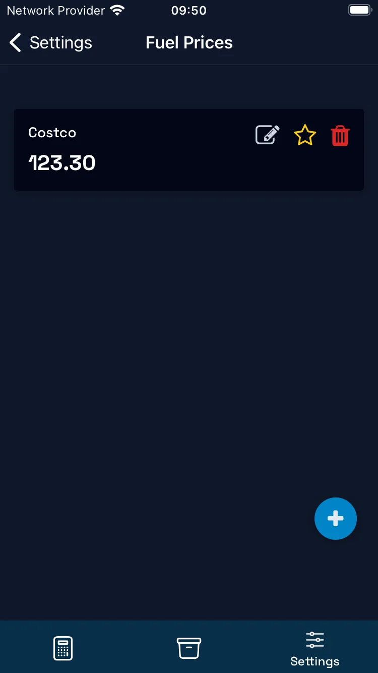 Screen showing saved fuel prices.
